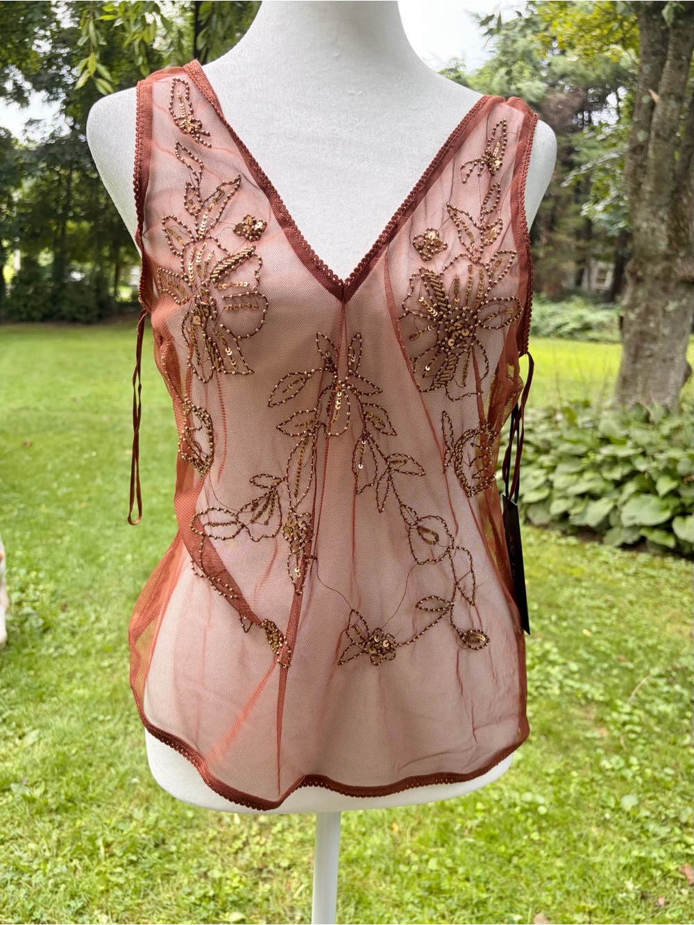NWT: Rachel Zoe Boho Glam Beaded Bronze and Gold Sheer Tank Top Size S